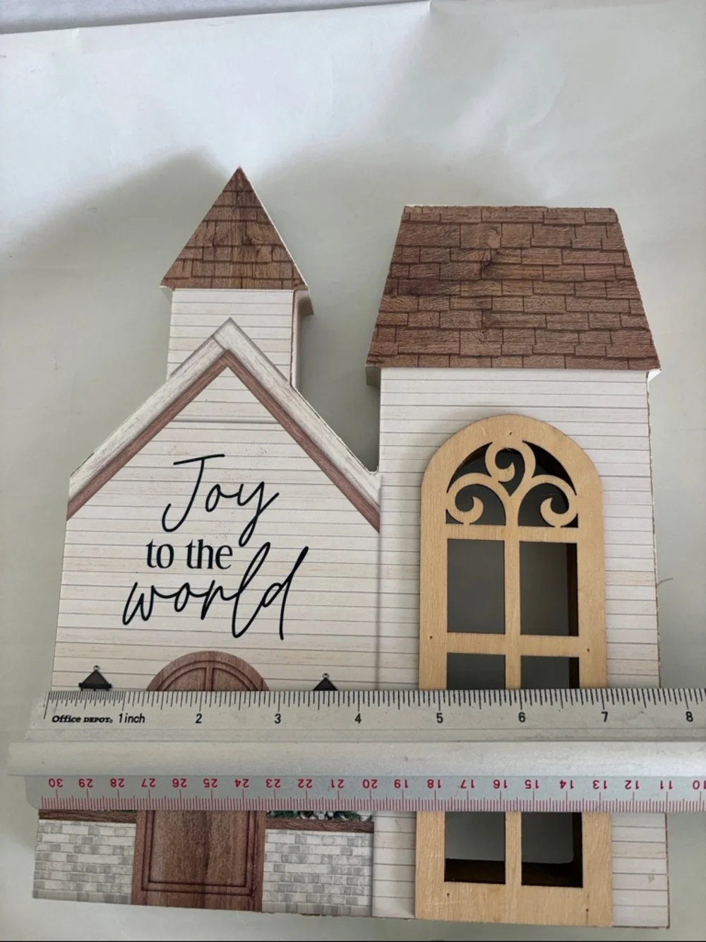 Wooden tabletop Christmas church “joy to the World” red bottle brush tree set